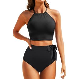 Tempt Me Women High Waisted Bikini Sets - Two Piece Swimsuit High Neck Bathing Suits Tummy Control Swimwear (X-Large, Black)