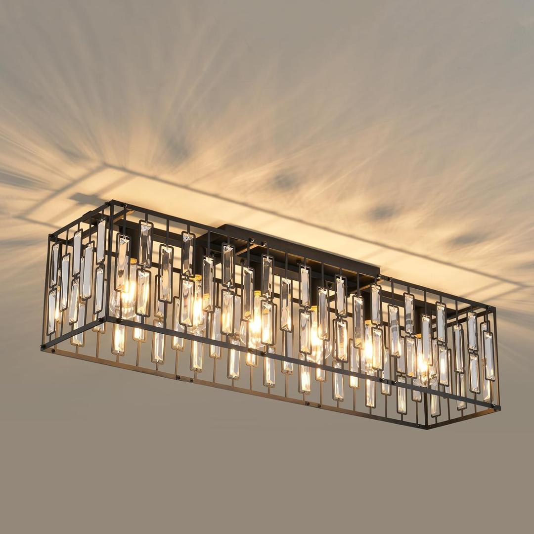 Garwarm 38.7 inch Modern Ceiling Light,6-Light Crystal Chandelier Black Rectangle Chandeliers, Dining Room Light Fixture Flush Mount for Living Room Kitchen Island Bar