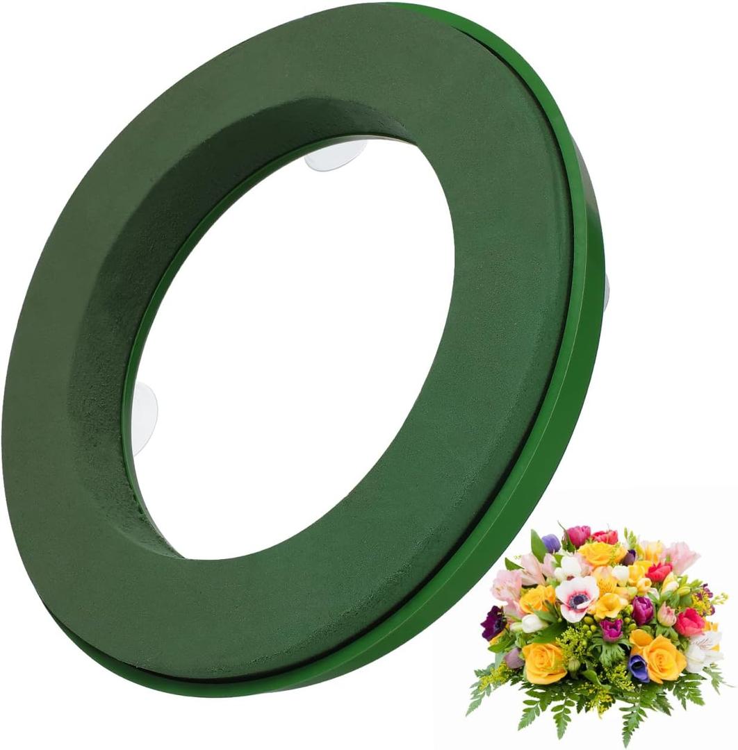 Suction Cup Floral Foam Ring - 11.8-Inch Pre-Soaked Wet Floral Foam Base with Mud for Fresh Flowers, Easy Car Window Decoration for Weddings, Parties, Home Decor (Green)