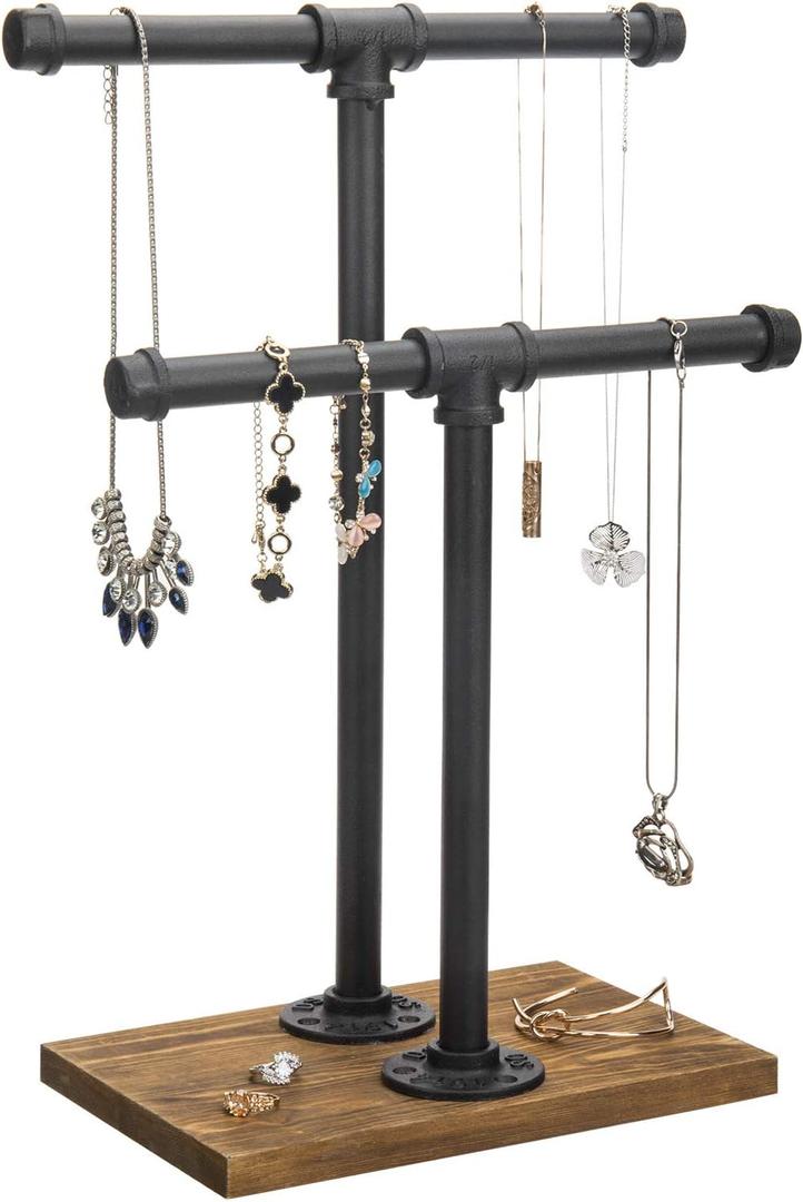 Adjustable 2-Tier Industrial Jewelry Display Stand - Rustic Metal Pipe & Brown Wood Base for Necklaces, Bracelets, Watches - Home & Boutique Decor (11.75" H)
