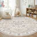 7x7 Living Room Area Rug: Washable Oriental Printed Soft Round Rug for Bedroom Besides Non-Slip Low-Pile Carpet for High-Traffic Area Indoor Stain Resistant Distressed Home Decor Mat(7,Beige)