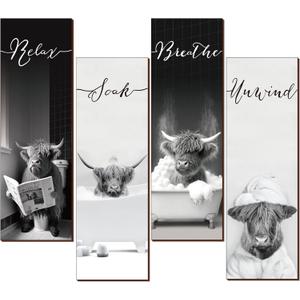 YLOLUL 4 Piece Highland Cow Bathroom Signs - Rustic Farmhouse Decor for Home Laundry Room & Bathroom