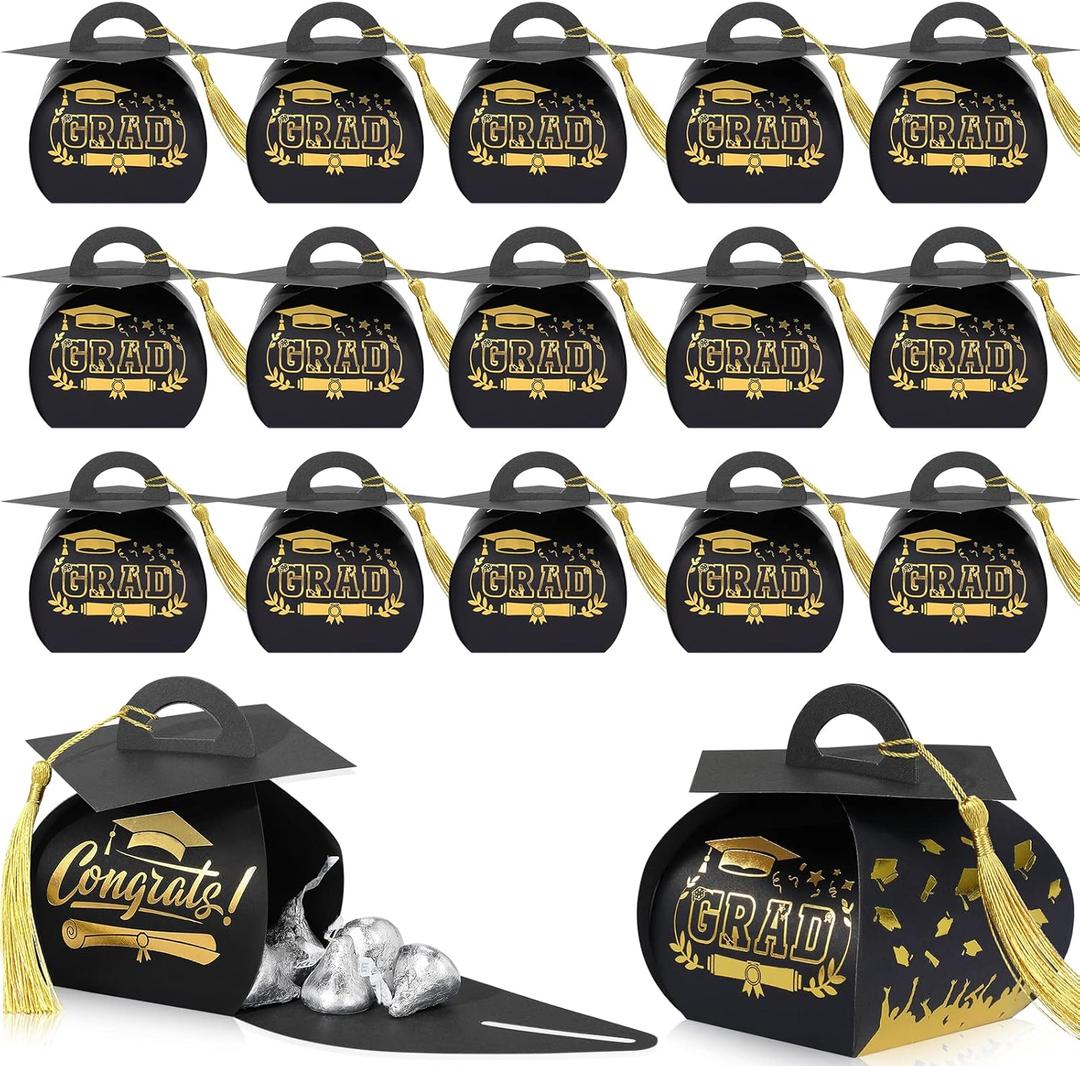 Colarr 100 Pack Graduation Cap Candy Box Graduation Party Favors Grad Gift Box with Gold Tassel Little Souvenir for Guest for Class of 2026 Party Supplies(Black, Gold)