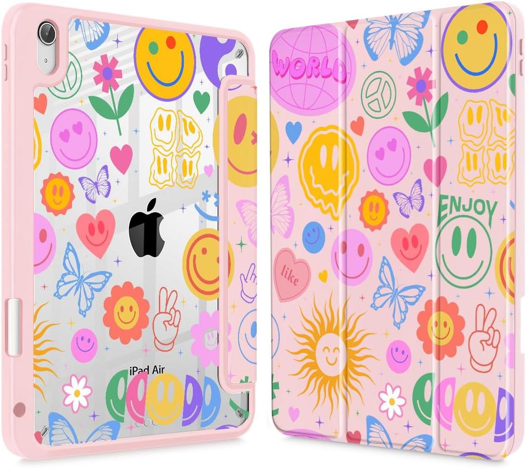 May Chen for iPad Air 11-inch M4/M3/M2 (2026/2025/2024), iPad Air 5th/4th 10.9 Inch - Shockproof Cover with Clear Back Shell & Penceil Holder Auto Wake/Sleep Stand Cover, Smile Pattern