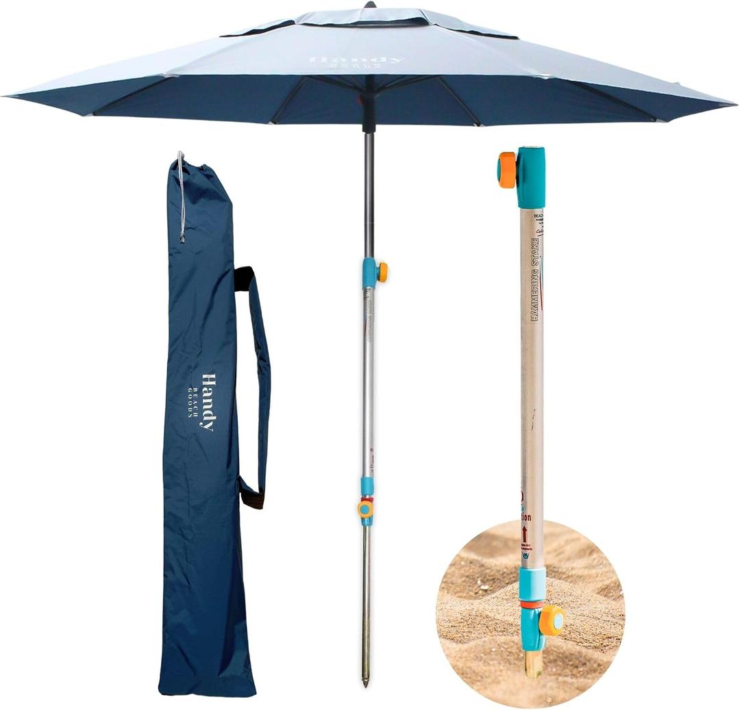 Handy Beach Umbrella & Anchor System, Large 7ft Silver Coated UPF 55 Canopy, 10 Second Installation, Wind Resistant, Durable, Lightweight, Comfortable Dual Pocket Bag Included