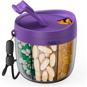 PULIV Portable Pill Dispenser Bottle, Vitamin Organizer with 7 Compartments, Holds Plenty of Supplements with Anti-Mixing & Wide Openings Design, Easy to Retrieve Meds, Includes 20 Labels Dark Purple