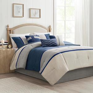 Madison Park Palisades Comforter Set Modern Faux Suede Pieced Stripe Design, All Season Down Alternative Cozy Bedding with Matching Shams, Decorative Pillows, Queen(90"x90"), Multicolor, 7pcs