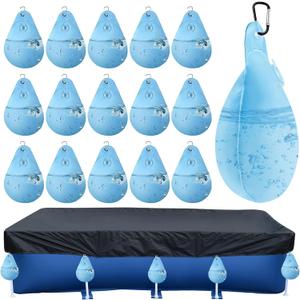 16 Pack Pool Cover Weights with Hooks, Above Ground Pool Cover Weights, Leakproof Swimming Pool Cover Hanging Bag Heavy Duty PVC Pool Water Bags, Antifreezing Winter Pool Cover Weights (Light Blue)
