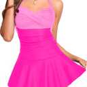 Tempt Me Women One Piece Swimsuit with Skirt Tummy Control Swim Dress Halter Vintage Bathing Suit (X-Large, Pink)