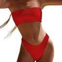 YIMISAN Women's Two Piece Bandeau Swimsuit Ribbed Strapless Tube Bikini Top with Mid Waist Cheeky Bottom Bathing Suit XL