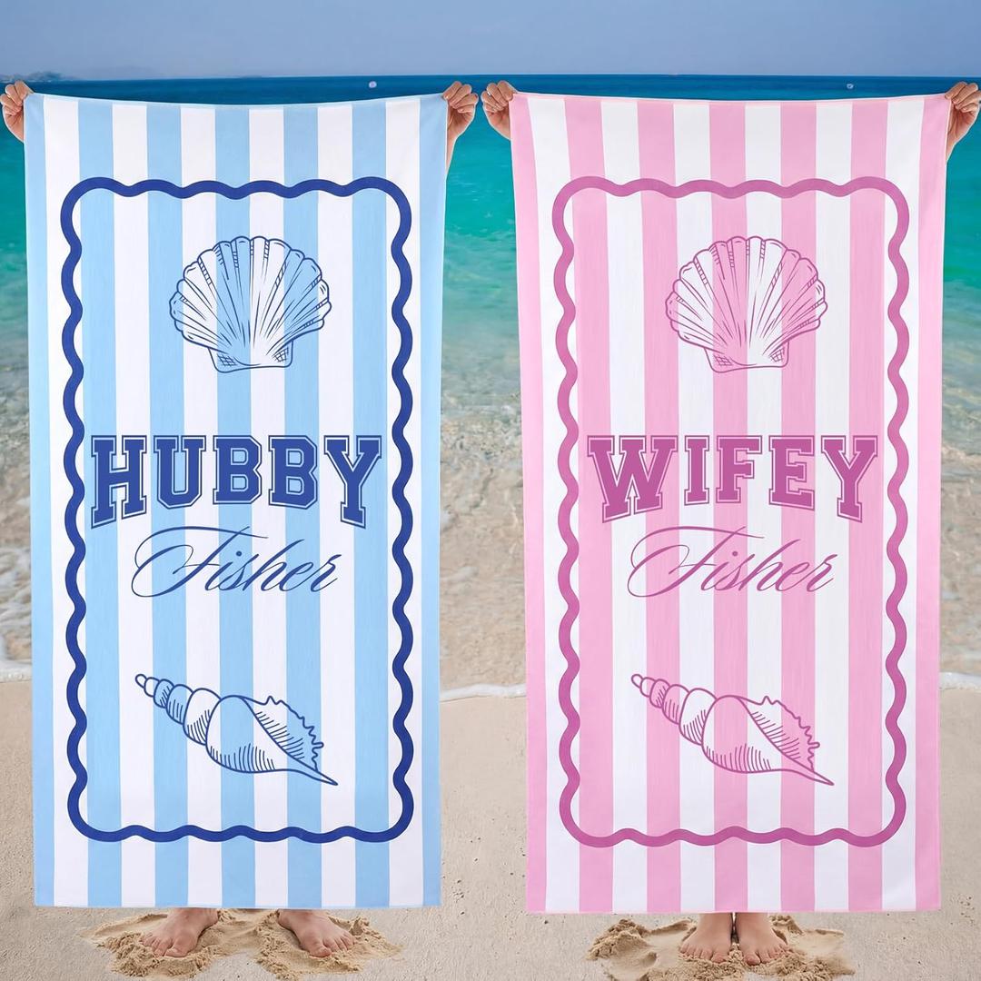 Bride Beach Towel Set of 2 Wifey and Hubby Wedding Beach Towel for Bride Groom 60 x 30 Inch Newlywed Bridal Shower Honeymoon Gifts for Couples Blue and Pink Stripe(Seashell)