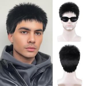 Mens Black Wigs Short Layered Black Hair Wig for Men Male Synthetic Buzz Cut Halloween Cosplay Costume Wigs