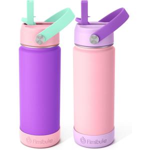 Fimibuke Kids Insulated Water Bottle - 18oz BPA-FREE 18/8 Stainless Steel Kids Cup with Straw Travel Tumbler Leak Proof Double Wall Vacuum Toddler Water Bottle for School Boys Girls (2 Pack, Macaron)