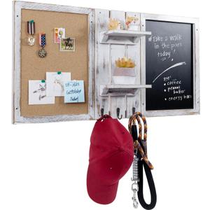 MyGift Wall Mounted Shabby White Washed Wood Entryway Bulletin Board Combo Set with Chalkboard, Cork Board, 2 Storage Display Shelves and 3 Key Hooks, Family Command Center Wall Organizer