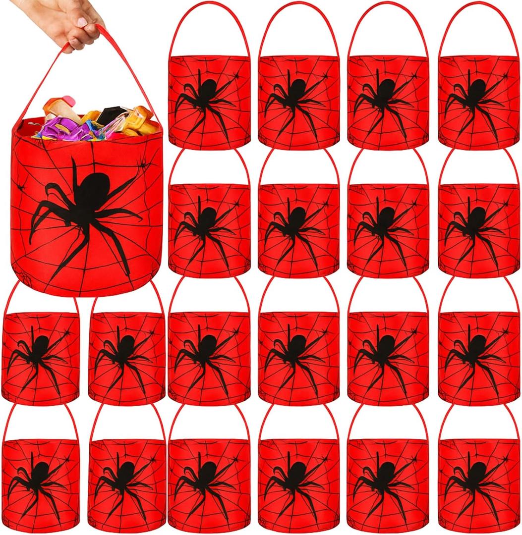 Teenyyou 24 Pcs Halloween Spiderweb Buckets Bulk Spiderweb Birthday Party Decoration Fabric Halloween Trick or Treat Bag with Handles Candy Bucket Easter Gifts Tote Bag for Party Favor