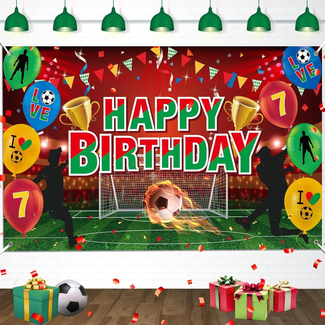 Soccer Birthday Party Decorations for Boys Men, Green Red Soccer Happy Birthday Banner Sport Football Birthday Backdrop Background for Christmas Xmas Party Decorations