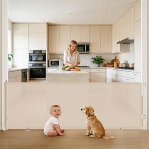 96" Retractable Baby Gates Large Openings, Extra Wide Mesh Dog Gate for Garage Deck Porch, Strong Suction Disc Prevent Crawling Under, 34" Tall Long Safety Gate for Child Indoor Outdoor, Beige