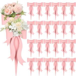 Lerheedi 24 Pcs Flower Bouquet Holder Mother's Day Single Rose Bow Theme Bags DIY Flower Wrapping Paper for Wedding Valentine Graduation Birthday Floral Arrangement (Pink)