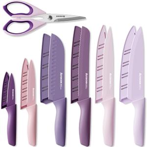 Astercook Knife Set, 13 Pieces Kitchen Knives Set with Healthy Anti-Rust Coating, Dishwasher Safe, Stainless Steel Chef Knife Sets with 6 Blade Guards, Perfect Holiday Gifts for Kitchen Purple (Large)