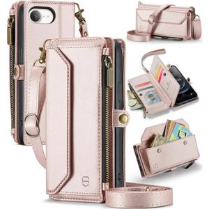 Strapurs Crossbody Wallet Case Compatible with iPhone 17e / iPhone 16e RFID Blocking 7-Card Holder PU Leather Magnetic Snap Shoulder Strap Zipper Pocket Phone Cases for iPhone 17e / 16e - Rose Gold
