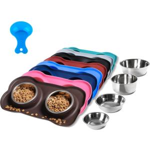 Hubulk Pet Dog Bowls 2 Stainless Steel Dog Bowl with No Spill Non-Skid Silicone Mat + Pet Food Scoop Water and Food Feeder Bowls for Feeding Small Medium Large Dogs Cats Puppies (Small, Chocolate)
