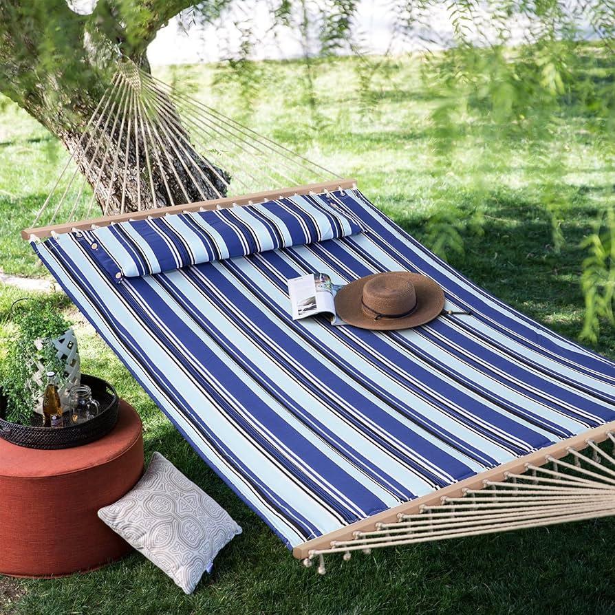 Lazy Daze Hammocks 12 FT Double Quilted Fabric Hammock with Spreader Bar and Detachable Pillow, 2 Person Hammock for Outdoor Patio Backyard Poolside, 450lbs Weight Capacity