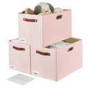 3-Pack Foldable Fabric Storage Bins with Durable PU & Metal Handles, Collapsible Storage Baskets for Shelves, Home Storage, Closet Organizers, Living Room (17"x11.8"x11.8" Pink)