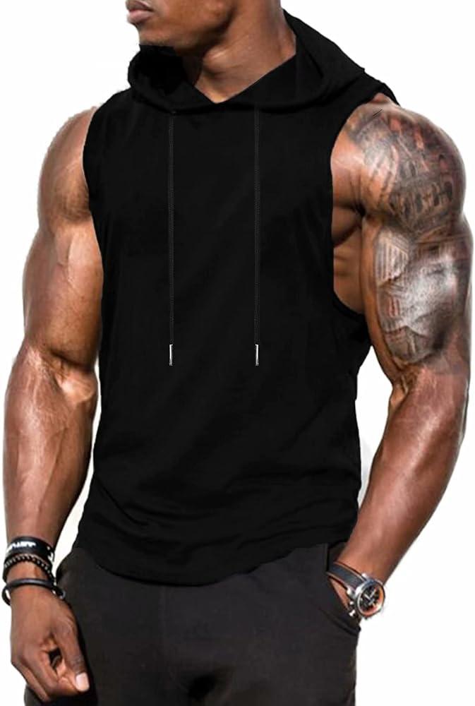 Men's Workout Hooded Tank Tops Sports Training Sleeveless Gym Hoodies Bodybuilding Cut Off Muscle Shirts XL