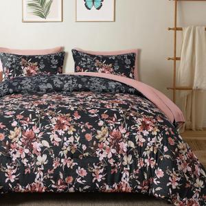 Dobuyly King Size Comforter Set, 7 Pieces Black and Pink Floral Comforter Set, Bed in a Bag King with Botanical Flowers Pattern, All Season Farmhouse Bedding Set with Sheets, Pillowcases & Shams