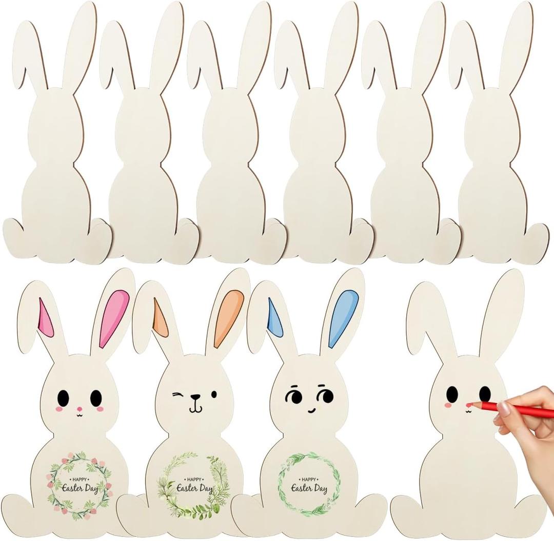10PCS Wooden Bunny Cutouts,8.84 Inch Unfinished Easter Bunny Slices Craft DIY Rabbit Ornament for Painting Easter Party Table Centerpiece