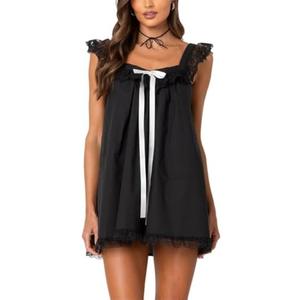 Women Y2K Babydoll Mini Dress Cute Bow Lace Trim Pleated Ruffle Short Sundress Casual Party Vacation One Pieces Size S Black