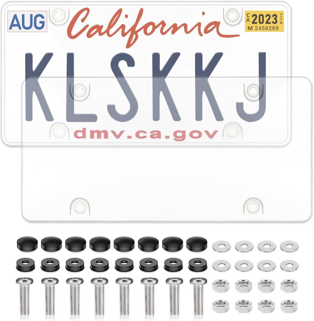2 Pack Clear License Plate Covers, License Plate Protector Unbreakable Plastic Shields Tag Holder Fits Standard US Plate with Screws Caps