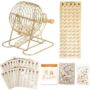 Extguds Wooden Bingo Game Set  Deluxe Bingo Kit with 7in Cage & Wooden Handle,400 Wood Bingo Chips, 15 Solid Wood Bingo Cards & Storage Bag, Master Board, 78 Bingo Balls for Large Groups, Parties