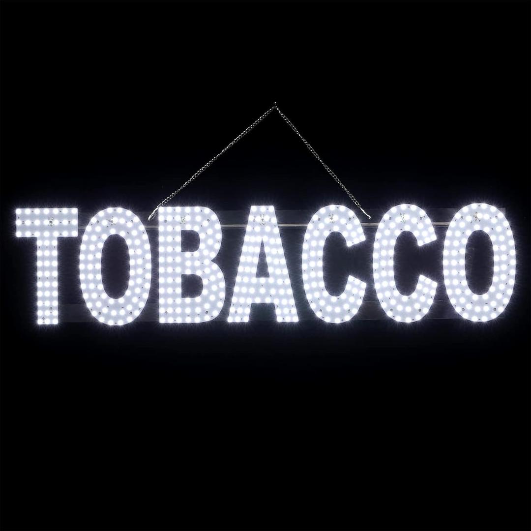 38"x10" Large LED Tobacco Sign for Smoke Shops, Super Bright Unique Design Tobacco Sign with Hanging Installation, High Visibility Tobacco Sign for Stores Retail Shops Window (White)