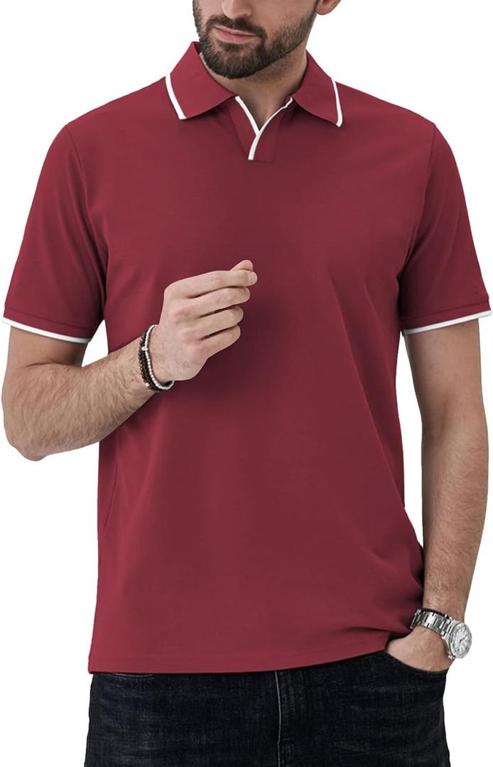 Aiyino Men's Muscle V Neck Polo Shirts Slim Fit Short Sleeve Cotton Golf T-Shirts Ribbed Knit Soft Tees (Red, L)