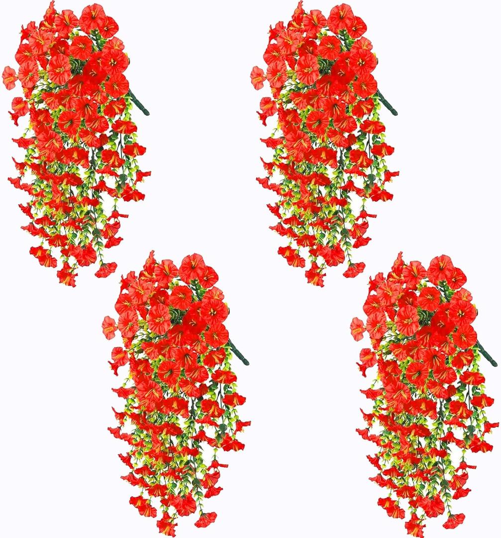 Artificial Fake Plants for Outdoor Spring SSpring, Summer, Autumn and of Decoration, 4PCS Faux Silk Morning Glory Long Vines Stems UV Resistant Look Real for Outside Home Porch Patio (red)