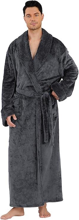 Hellomamma Mens Long Plush Robe: Fleece Bathrobe with Pocket Big and Tall Full Length Man House Coat for Winter Home, L-XL