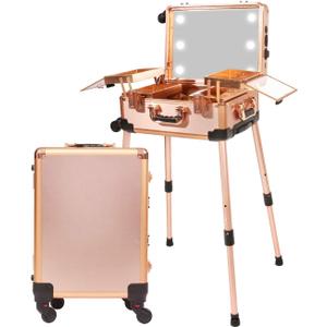 Medium Makeup Train Case with Code Lock, Lighted Mirror, Speaker Travel Cosmetic Organizer Box, Professional Artist Trolley Studio Free Standing Case 