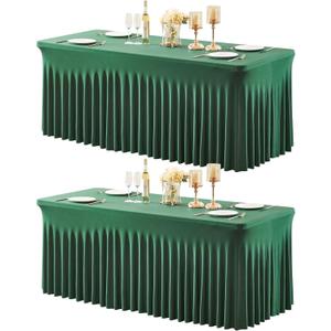 2 Packs Green Table Clothes for 6 Foot Rectangle Tables, Wrinkle Resistant Stretch Spandex Table Covers Fitted Tablecloth with Skirt for Easter Event Banquet Wedding Birthday Party