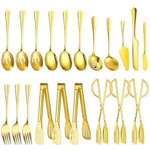 ZLMTZDJD 20 PCS Serving Utensil Set - Stainless Steel Complete Buffet Catering Utensils for Summer BBQ, Grilling, Picnic, Parties & Family Gatherings - Outdoor Serving Set (Gold)