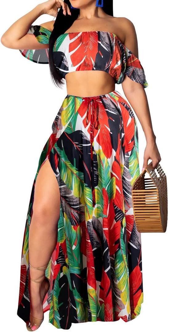 Sexy Two Piece Sets for Women Vacation Elegant Sleeveless Top Long Split Maxi Dress Beach Swimwear, Medium