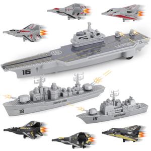 Model Military Naval Ship Aircraft Carrier Toy Play Set with Small Scale Model Planes, Battleship and Supply Ship Included