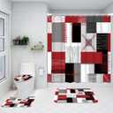 All Smiles Red Shower Curtain Sets with Non-Slip Rugs,Toilet Lid Cover and Bath Mat, Black and Gray Bathroom Decor Set Accessories Waterproof Shower Curtains