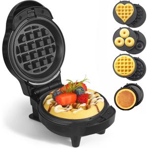 Mini Waffles Maker with 8 Removable Plates, 4 in 1 Small Waffle Maker Mini- Waffle, Heart Waffle, Pancake, Donut, 4.5" Non Stick Waffle Iron for Kids and Families, Black