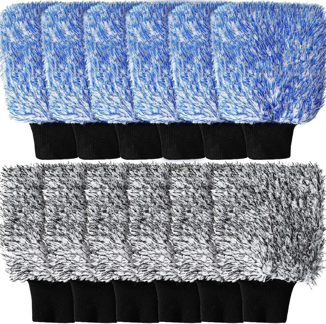 Riakrum 12 Pcs Microfiber Car Wash Mitts, Scratch Free Ultra Absorbent Car Sponge Glove Cleaner Wash Mitts for Car Wheel Trucks Home Cleaning (Black and White,Blue and White)