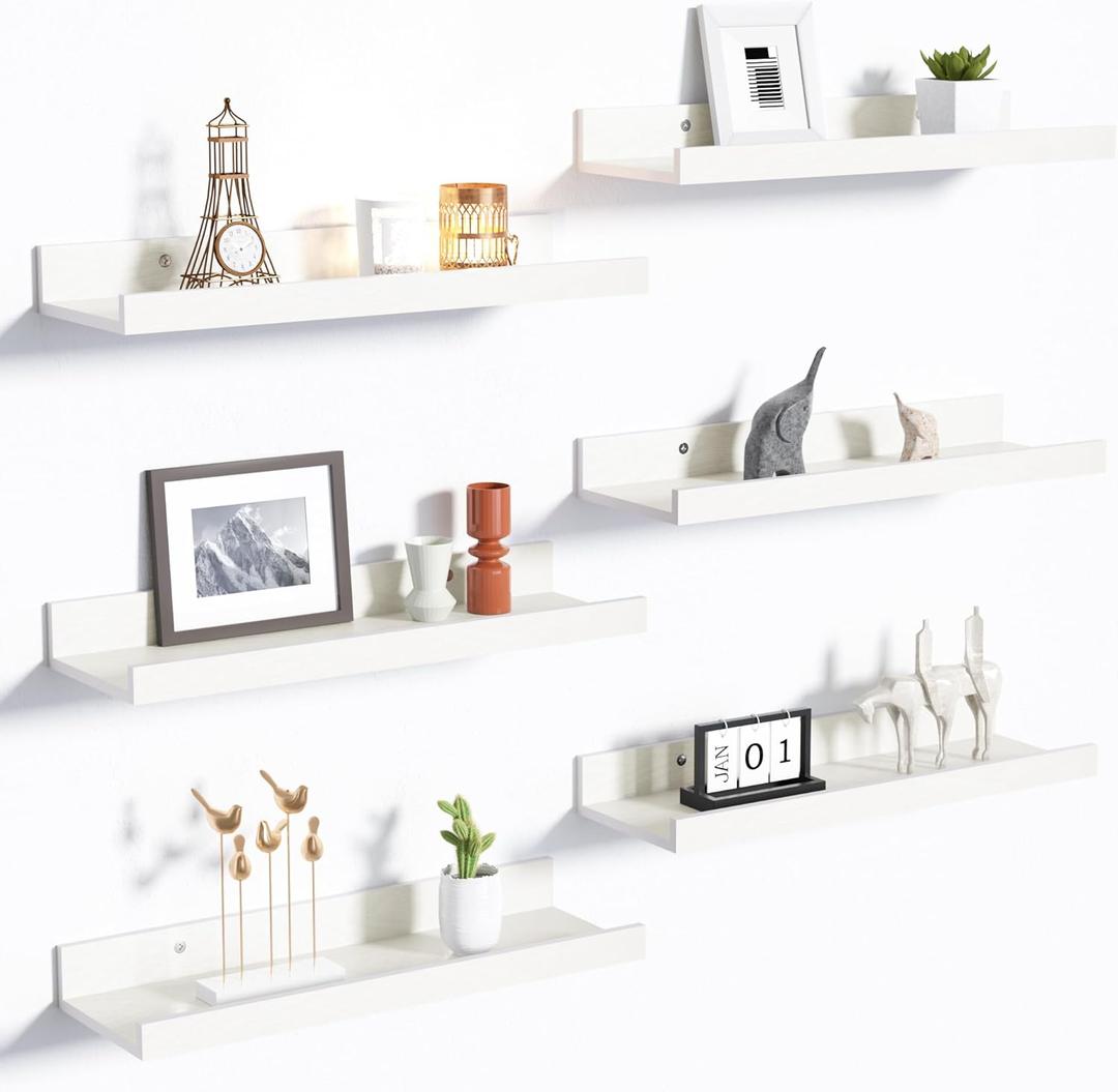 upsimples Floating Shelves for Wall, Wall Shelves for Decor Storage Set of 6, Wall Mounted Wood Shelves for Bedroom, Living Room, Bathroom, Kitchen, Picture Ledge Shelves, White (15.7in)