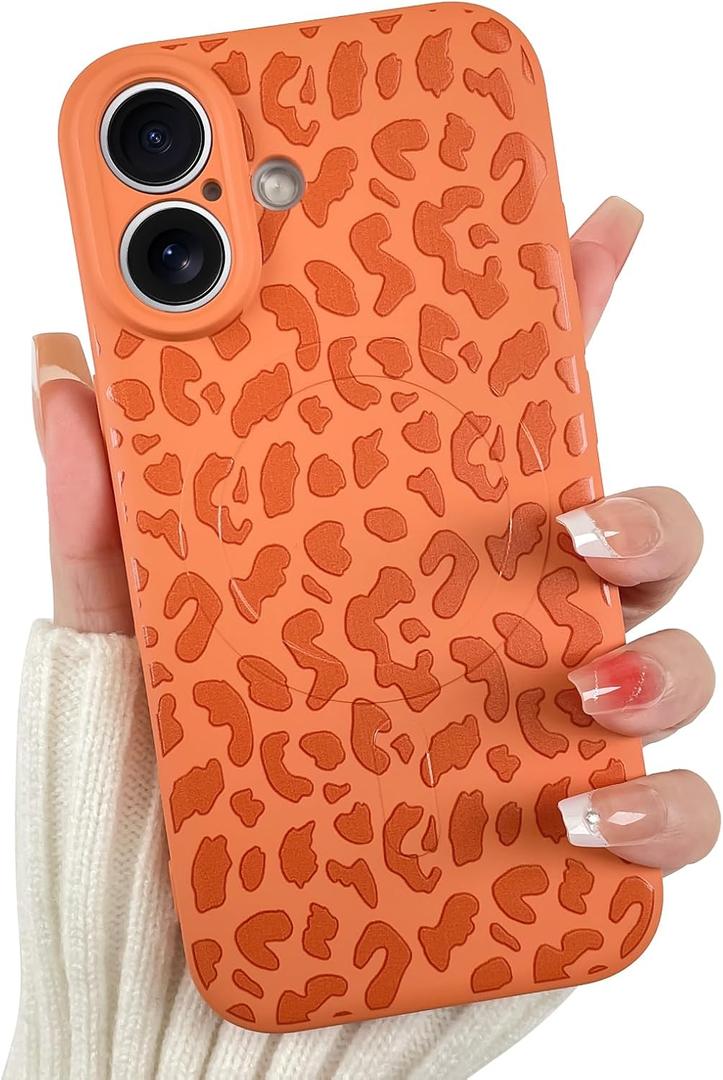 OOK Magnetic for iPhone 17 Case, Silicone Orange Leopard Cute Pattern, Compatible with MagSafe Cheetah Print Camera Protection Shockproof Slim Phone Case for 6.3inch, Orange
