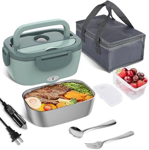 Vabaso Electric Lunch Box for Adults, 80W Heated Lunch Box Portable Food Warmer Lunch Box for Work/Men/Car/Truck with 1.5L 304 Stainless Steel Container Fork & Spoon, 110V/12V/24V, Light Green