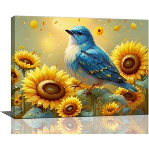 Zyphren Farmhouse Blue Bird Decor Wall Art Sunflower Sparrow Pictures Wall Decor Country Rustic Canvas Prints Painting Artwork Gifts for Bathroom Living Room Bedroom Modern Home Decoration 16"x20"