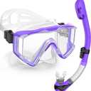 Greatever Snorkel Set Pano 3 Window Snorkel Mask Adult, Panoramic Wide View, Anti-Fog Scuba Diving Mask, Anti-Leak Snorkel Goggles Dry Top Snorkel, Professional Snorkeling Gear for Adults (Purple)